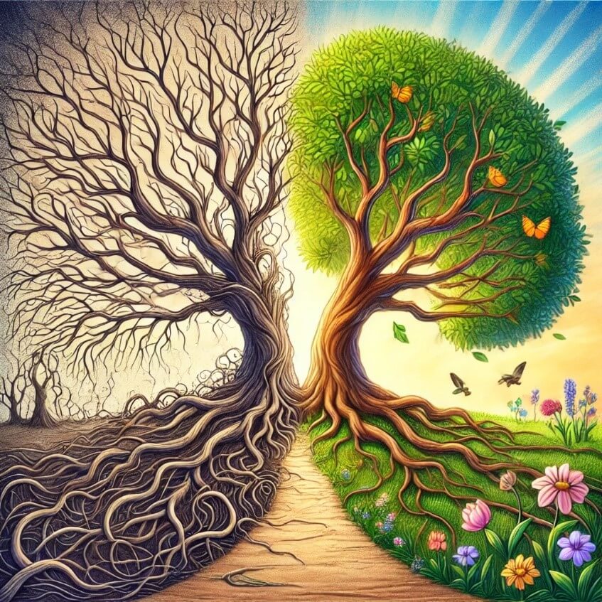 image representing compulsive behaviour and the journey to healing using the symbolism of trees. The scene contrasts a tangled, chaotic tree with a healthy, lush tree, connected by a path with blooming flowers and sunlight, symbolizing the transition from compulsion to peace.