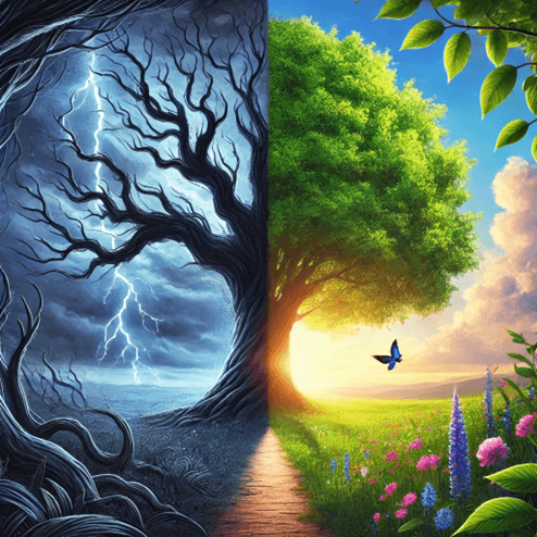 image representing recovery and healing from Post-Traumatic Stress Disorder (PTSD) using the symbolism of trees. The contrast between the dark, twisted tree and the vibrant, lush tree, connected by a path of blooming flowers, beautifully symbolizes the journey from trauma to healing.