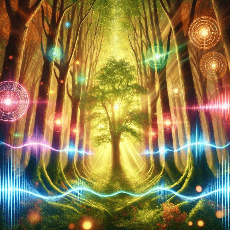 image symbolising sound and Reiki healing using trees as a metaphor. The vibrant trees radiate calming energy, with soft, colourful light representing the healing energy of Reiki, while subtle sound waves ripple through the forest, embodying harmony and balance.