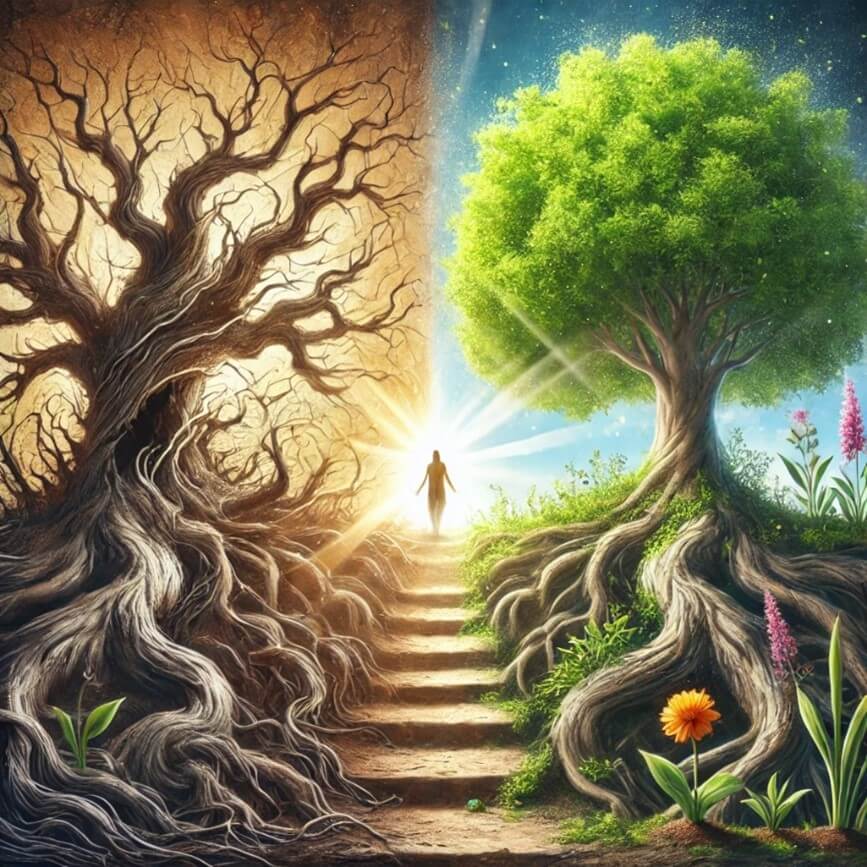 image representing addictive behaviour and the journey to healing using the symbolism of trees. The contrast between the twisted, withered tree and the flourishing, healthy tree, along with the path bathed in sunlight, beautifully captures the transition from struggle to recovery