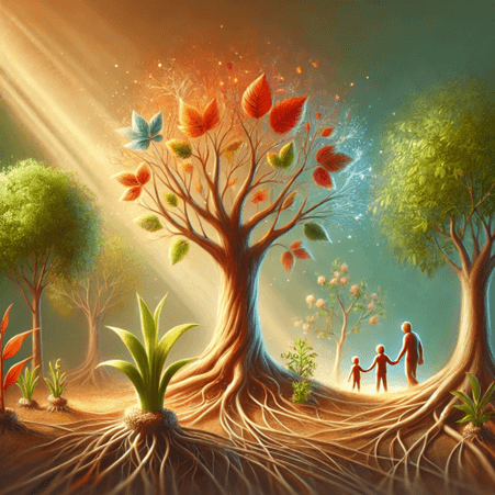 image representing child therapy, support, and development for young minds using the symbolism of trees. The vibrant young tree surrounded by nurturing saplings and supportive trees beautifully captures the essence of care and growth.