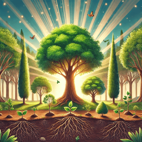 image representing success, growth, and development in career goals using the symbolism of trees. The scene with trees in various stages of growth, highlighted by sunlight and surrounded by a thriving ecosystem, beautifully captures the essence of continuous progress and achievement. This is for business coaching.