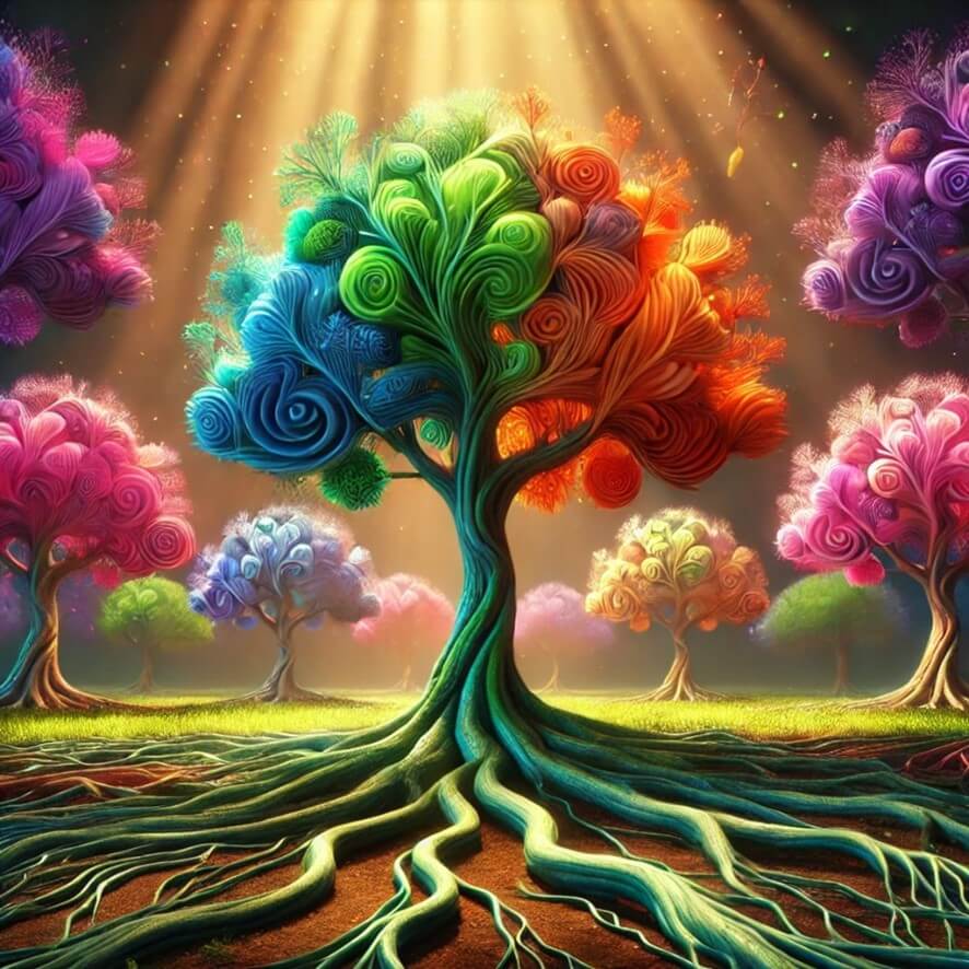 image representing neuro-divergent support, understanding, and embracing strengths and challenges using the symbolism of trees. The unique, multicolored tree at the center, surrounded by a supportive community of diverse trees, beautifully captures the essence of diversity, understanding, and strength.