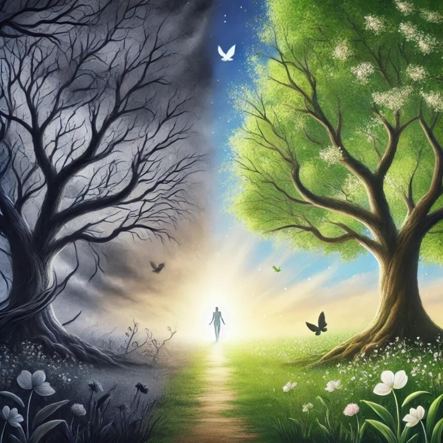 image representing pain management and the journey to feeling understood and empowered using the symbolism of trees. The contrast between the dark, twisted tree and the vibrant, strong tree, connected by a serene path, captures the transition from pain to calmness and empowerment.