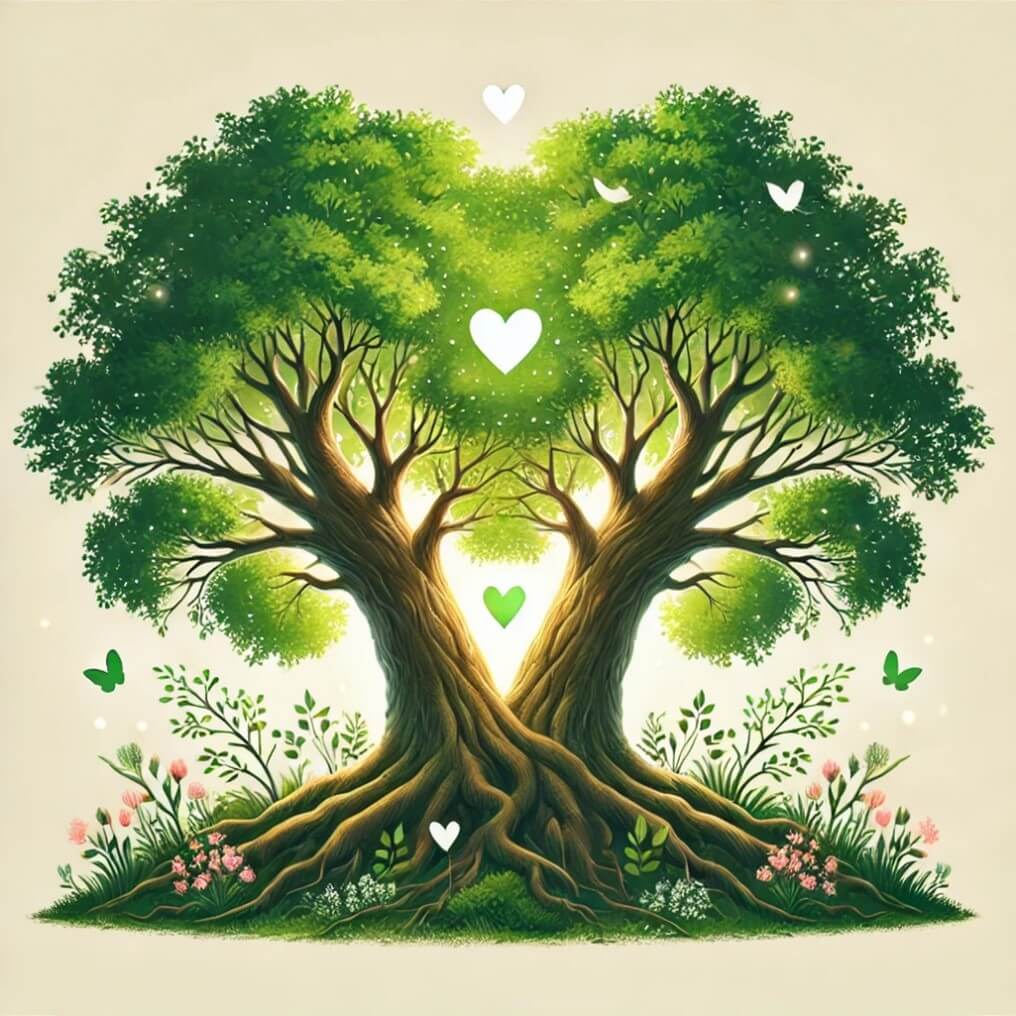 For relationships image representing loving relationships using the symbolism of trees. The intertwined branches and roots, along with the surrounding blooming flowers and heart- shaped leaves, beautifully capture the essence of love and connection.