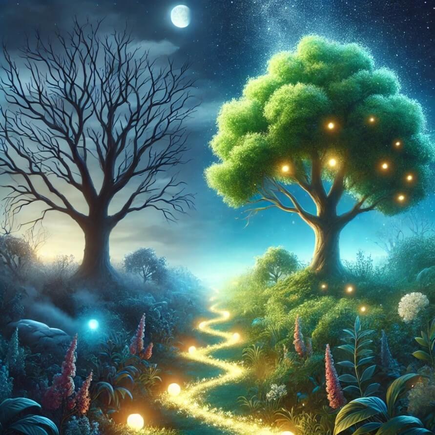 image representing difficulties with sleep and the benefits of using mindfulness and positive thoughts for restorative sleep using the symbolism of trees. The scene contrasts a wilted tree under a dark sky with a vibrant tree under a starry night, connected by a moonlit path symbolising the journey to peaceful sleep.