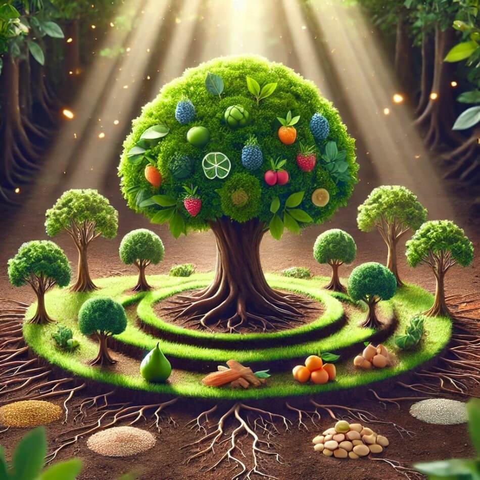 image representing weight management and the journey to health and well-being using the symbolism of trees. The central tree symbolizes health, surrounded by smaller trees representing different aspects of a balanced lifestyle.